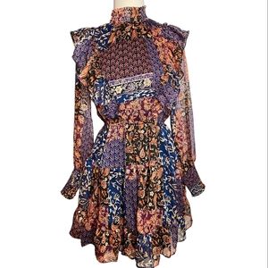 Fate multi pattern dress ruffle high neck size small
